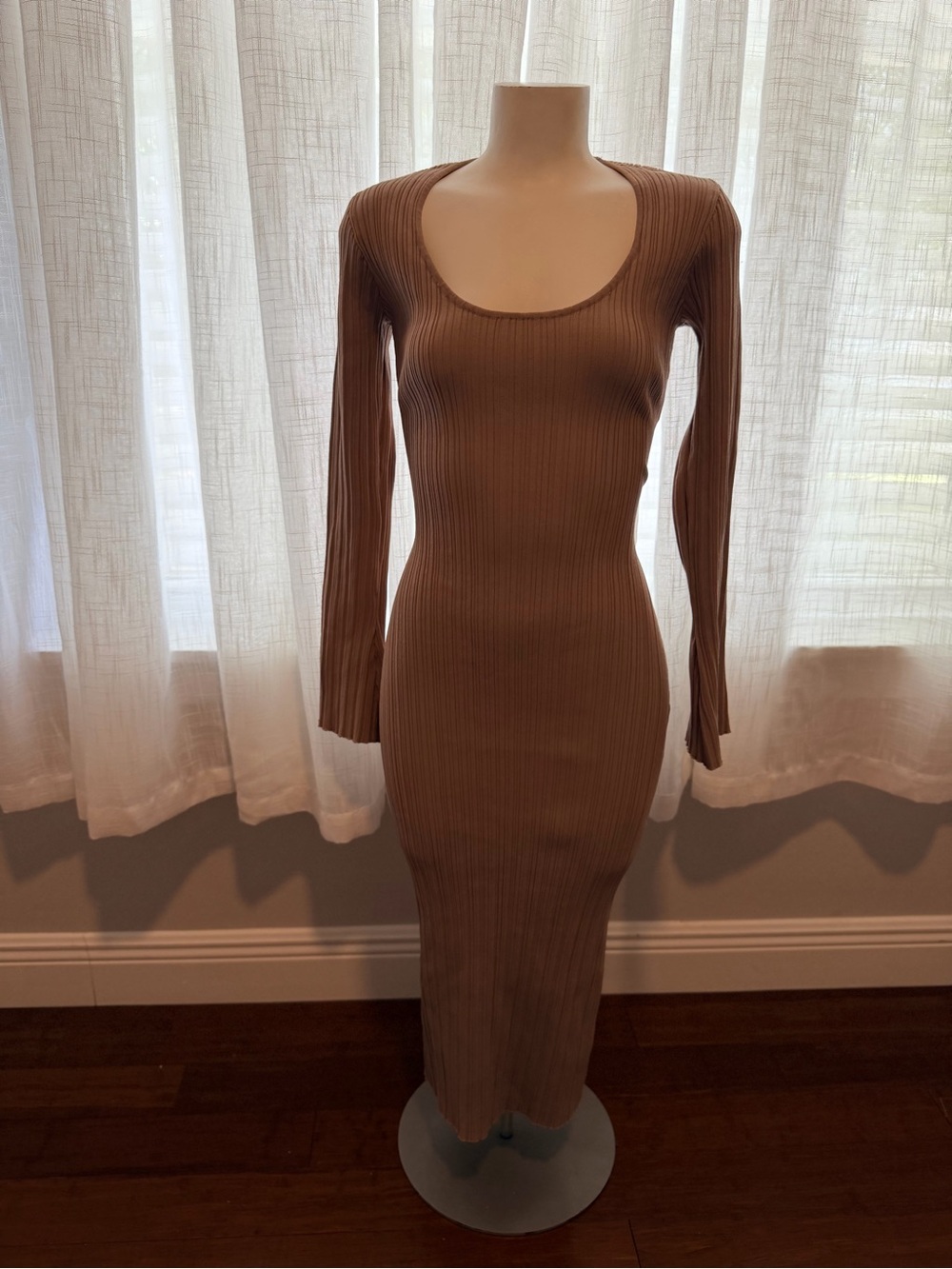 WAYF Nude Ribbed Knit Maxi Midi Dress M Long Sleeve Tie Waist